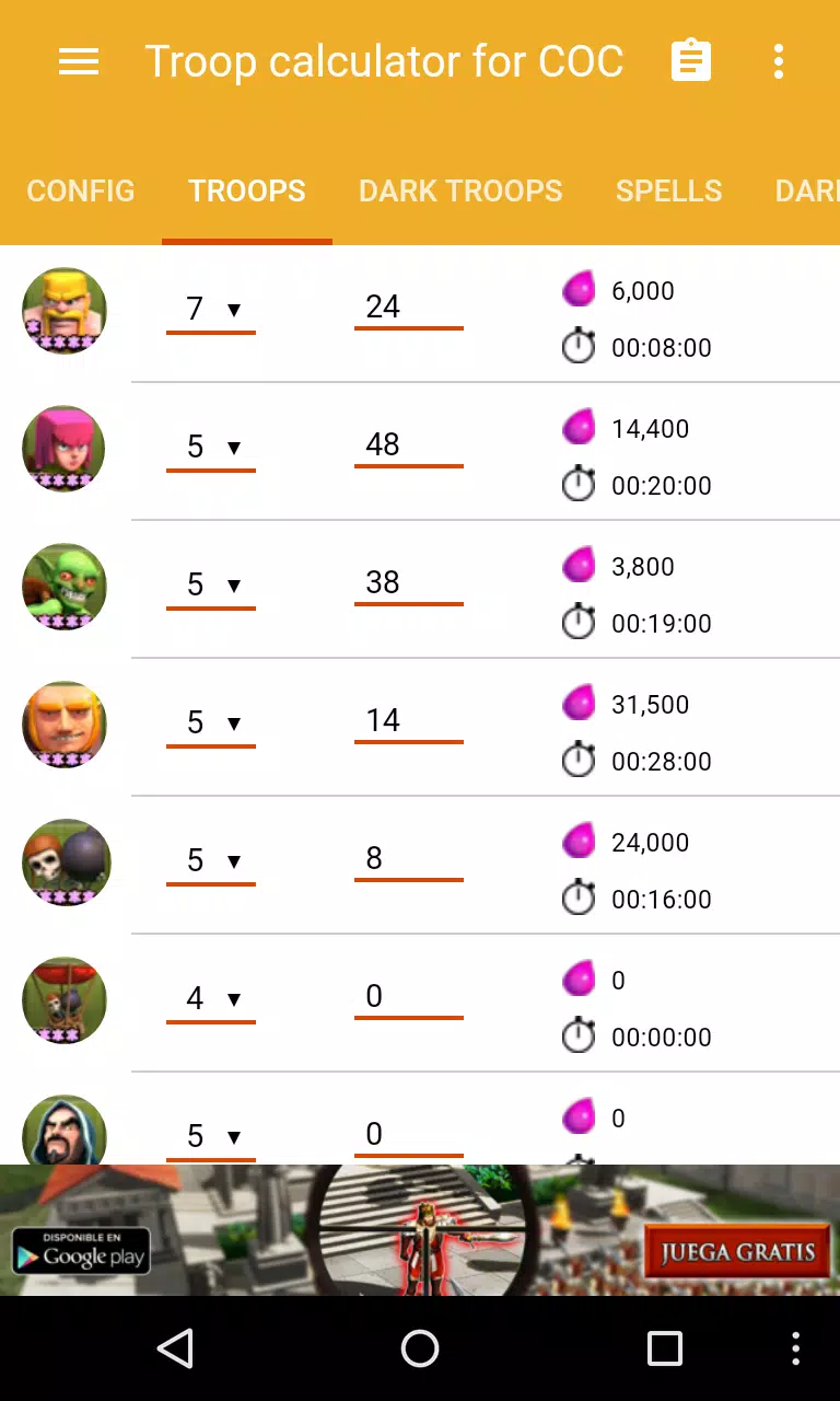 Clash Of Clans Troop Calculator