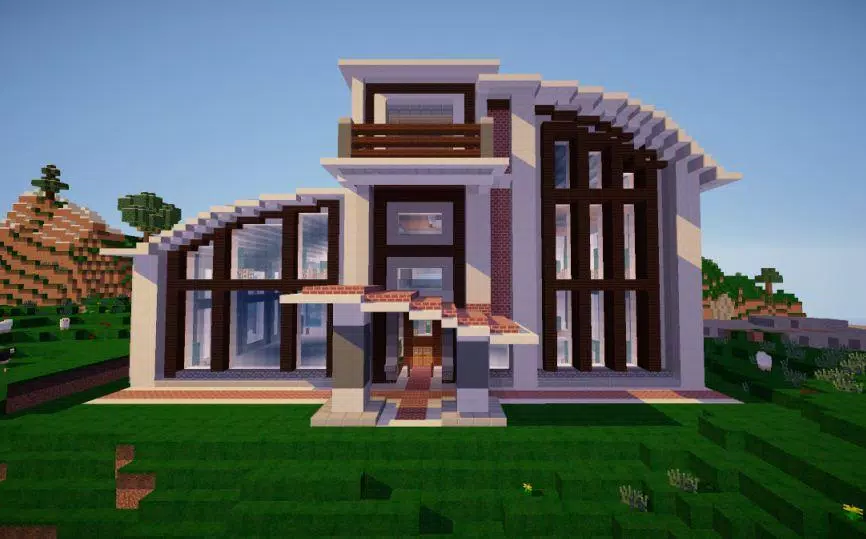 Uma casa moderna em minecraft, com o céu ao fundo.