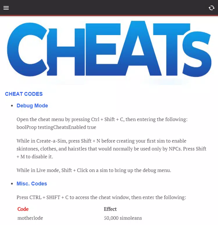 All Sims 2 Cheat Codes APK for Android Download