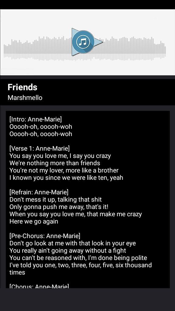 Marshmello Friends Song Lyrics For Android Apk Download - friends anne marie roblox id