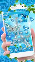 Glitter Blue Butterfly Diamond Eiffel Tower Theme Affiche