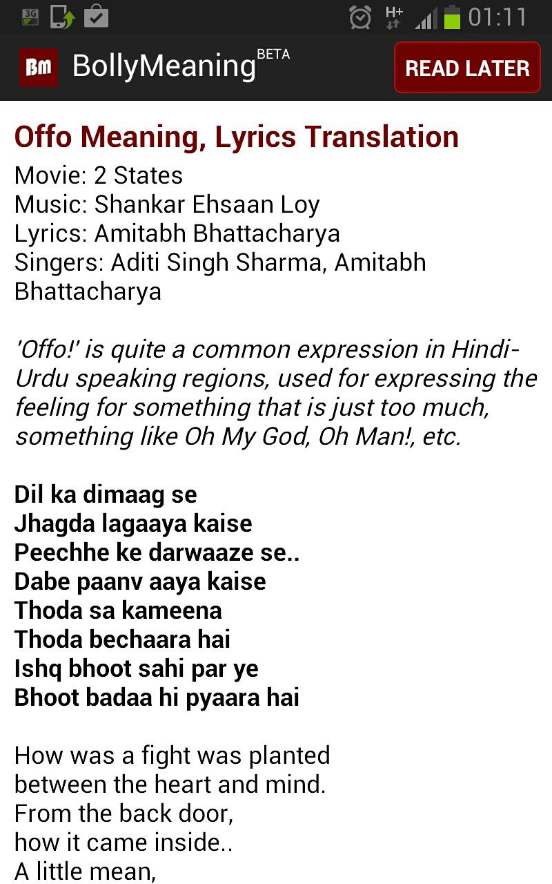 Bolly Meaning Hindi Lyrics For Android Apk Download
