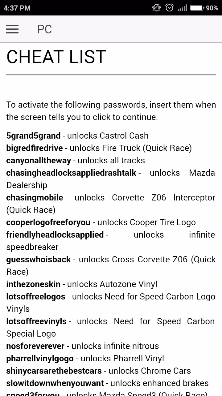 Need For Speed Carbon PC Cheat Codes