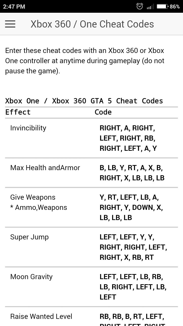 Cheat Codes For Gta V Xbox One X - Cheat Dumper