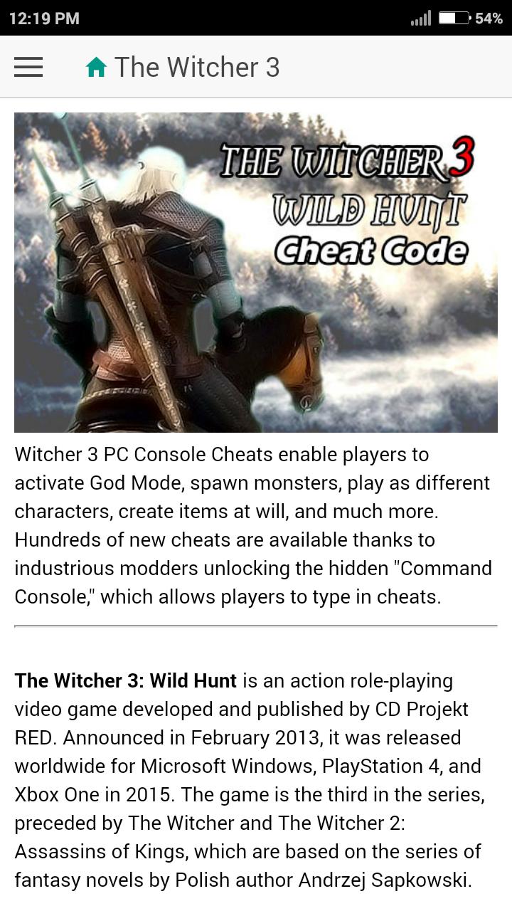 Cheat Codes for WITCHER 3 Game Android के लिए APK डाउनलोड करें