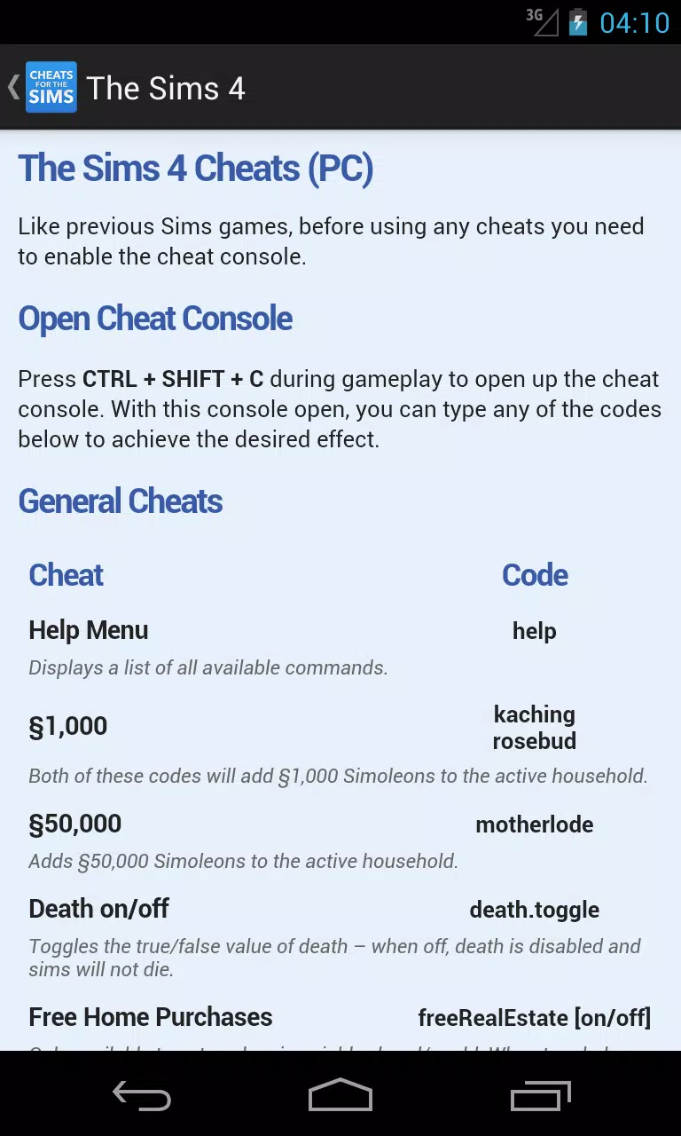 All Sims 3 Cheat Codes APK for Android Download