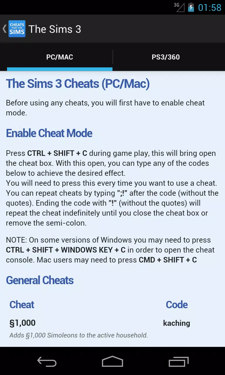 All Sims 3 Cheat Codes APK for Android Download