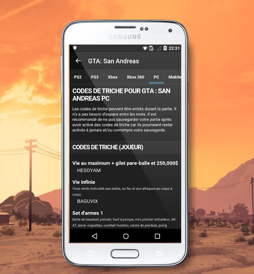 Cheats codes - GTA San Andreas APK pour Android Télécharger