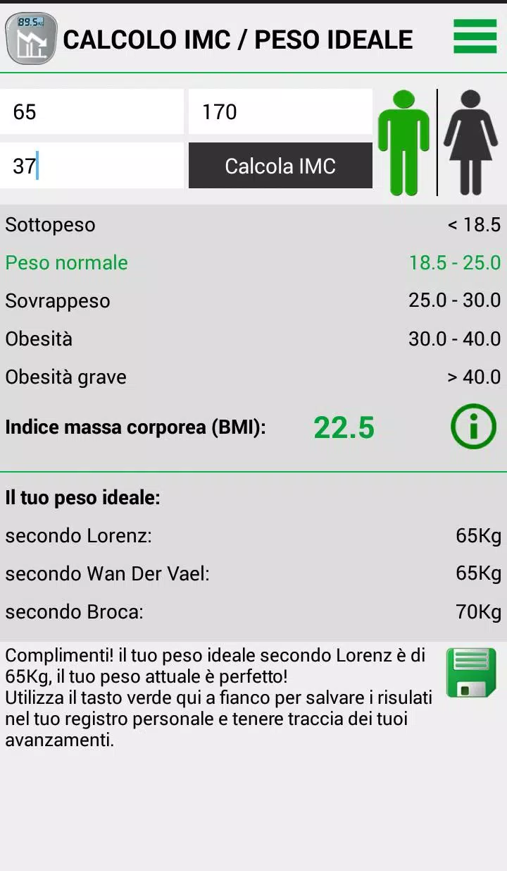 Calcolo peso ideale BMI pour Android - Téléchargez l'APK