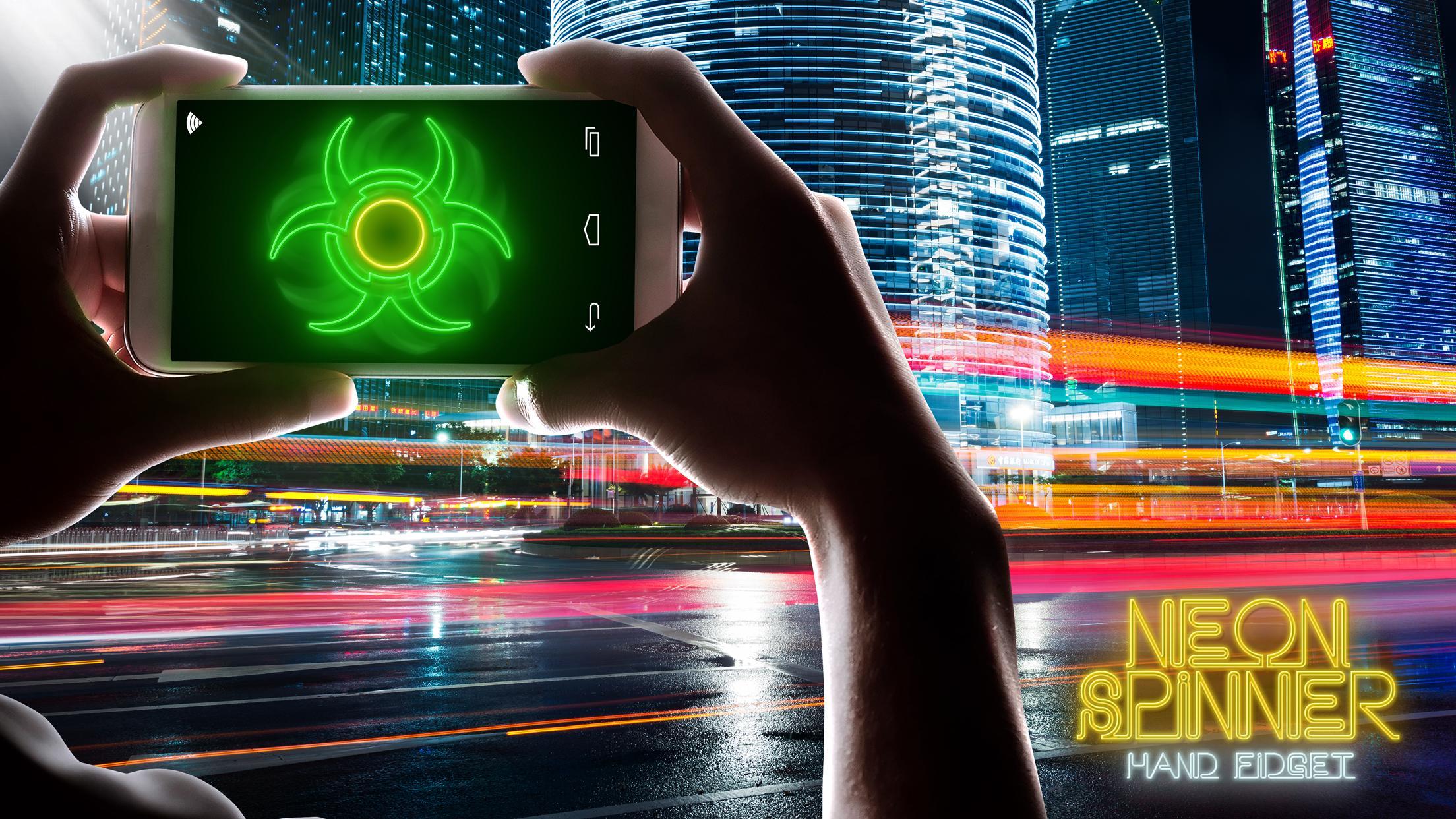 Back spin. Мобильное приложение с неоновыми эффектами. Neon hands. Электронный девайс крутится и показывает картину. Neon hand holding Phone.