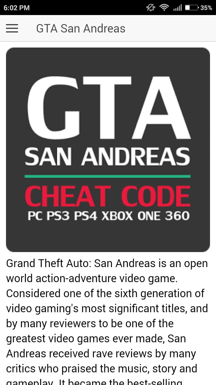 Codes for GTA San Andreas Game für Android - APK herunterladen