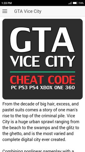 Cheat Code for GRAND THEFT AUTO VICE CITY GTA Game APK do pobrania na  Androida