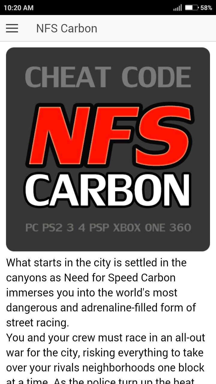 Cheat Code for Need For Speed Carbon Games NFS APK للاندرويد تنزيل