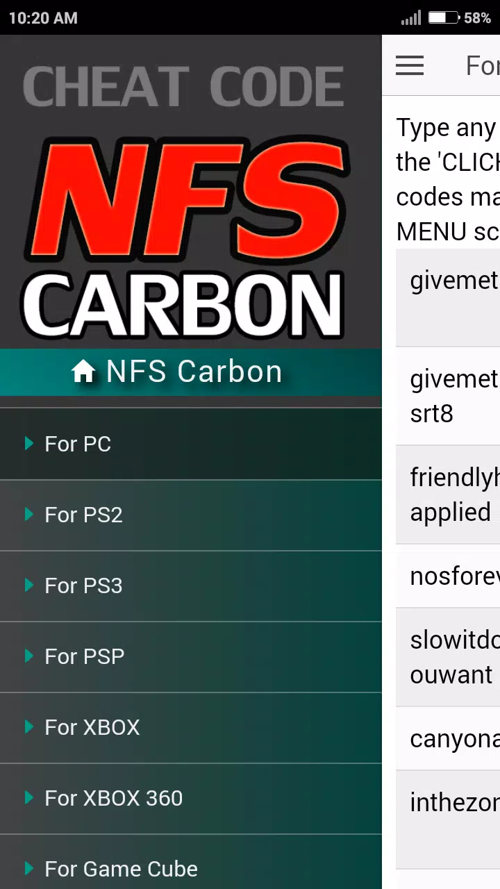 Descarga de APK de Cheat Code for Need For Speed Carbon Games NFS para  Android