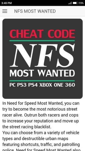 Cheat Code for NFS NEED FOR SPEED MOST WANTED Game APK for Android Download
