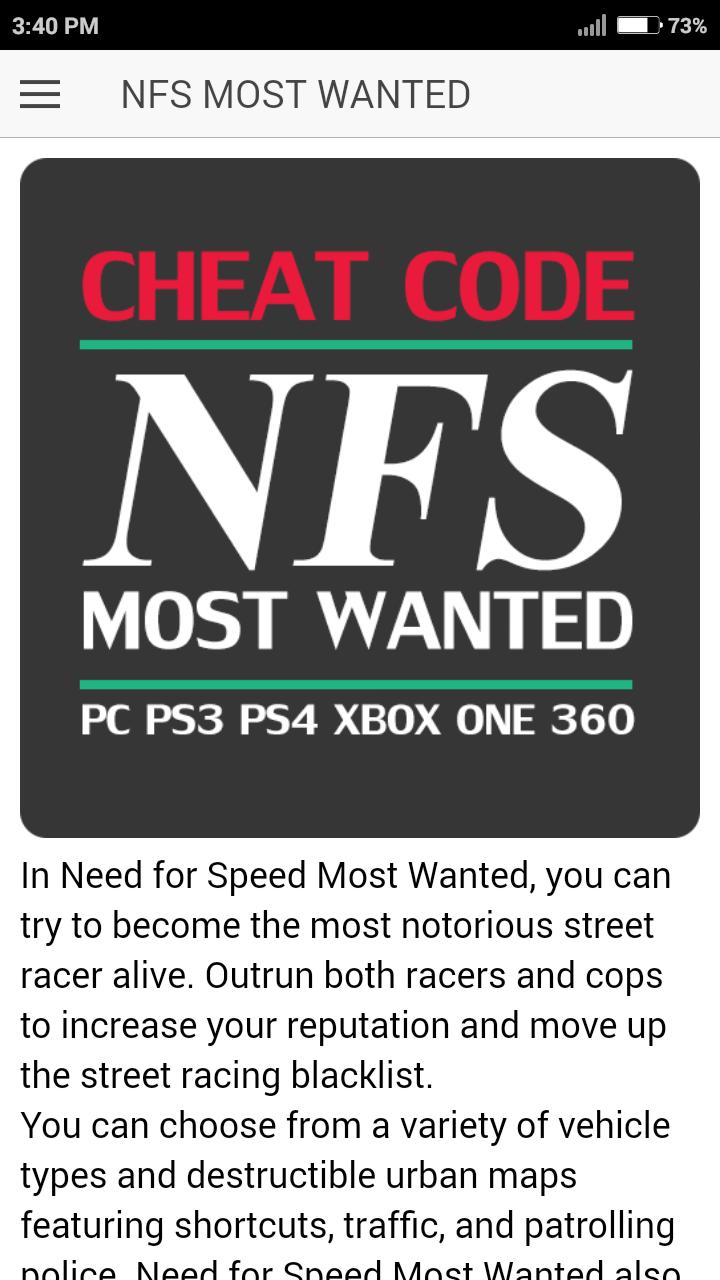 Descarga de APK de Cheat Code for NFS NEED FOR SPEED MOST WANTED Game para  Android