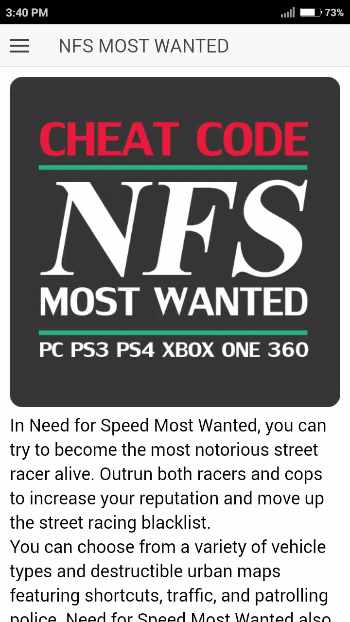 Cheat Code for NFS NEED FOR SPEED MOST WANTED Game APK für Android  herunterladen
