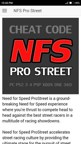 Cheat code for Need for Speed Pro Street Games NFS APK do pobrania na  Androida