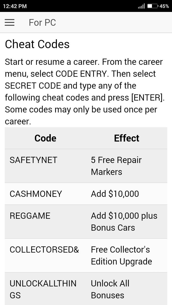 Cheat code for Need for Speed Pro Street Games NFS für Android - APK  herunterladen