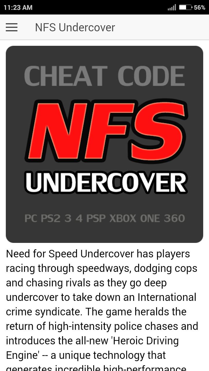 Cheat Code for Need for Speed Undercover Games NFS APK per Android Download