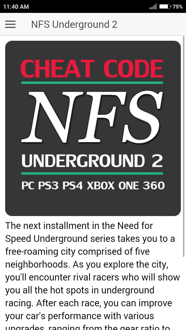 Cheat Code for NEED FOR SPEED UNDERGROUND 2 Game APK für Android  herunterladen