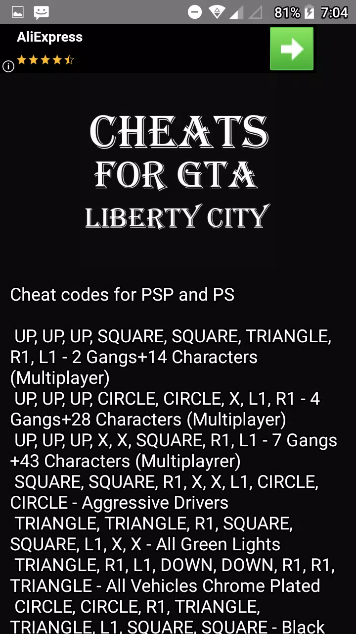 Cheat codes for GTA Liberty City APK pour Android Télécharger