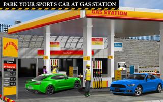 Sports Car Gas Station Parking Affiche