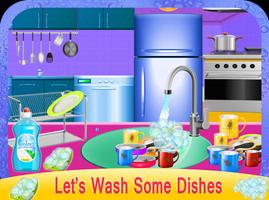 Girls House Dish Washing Kitch ポスター