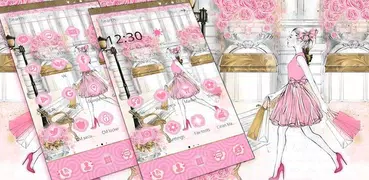 玫瑰和少女主題 蝴蝶結美女高清壁紙+粉色巴黎之夢桌面