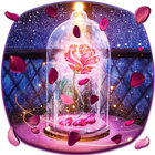 ロマンチックな愛のテーマのピンクのバラの豪華な女王、ボトルは夜空の壁紙に輝く星をバラ、 アイコン