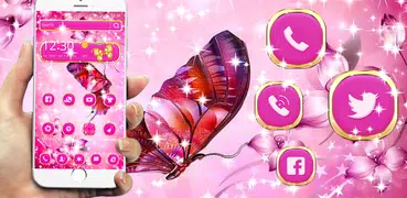 3d粉紅蝴蝶主題有閃閃發光鑽石蝴蝶粉紅壁紙與閃亮玫瑰紅圖標包