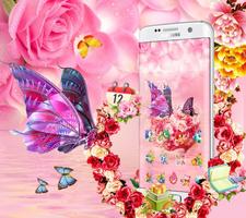 Spring Pink Rose Flower Butterfly Theme पोस्टर