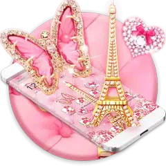 Скачать Pink Butterfly Eiffel Kitty Theme APK