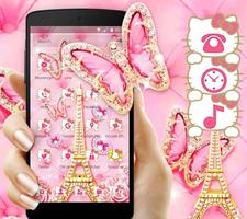 Pink Butterfly Eiffel Kitty Theme Affiche