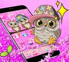 Pink Cute Owl Cartoon Theme Affiche