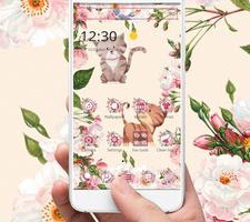 Poster Fresh Romantic Flowers Cat Theme