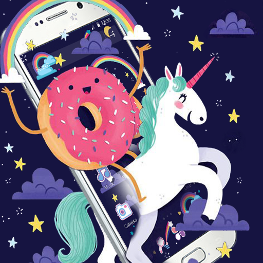 Cartoon Unicorn Theme,Blue Rainbow Donut Wallpaper