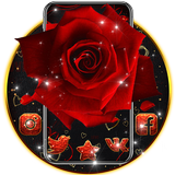 Lovely Red Sparkle Flowers Golden Hearts Theme ikona