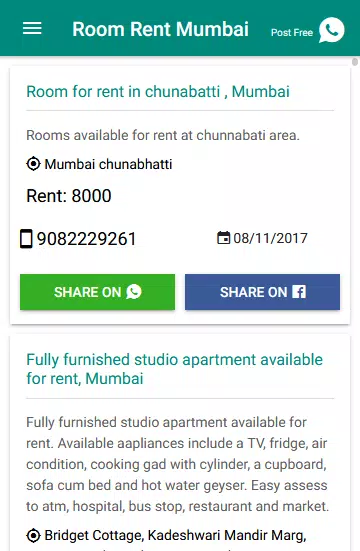 Rooms in shared flats near Mumbai, No brokerage