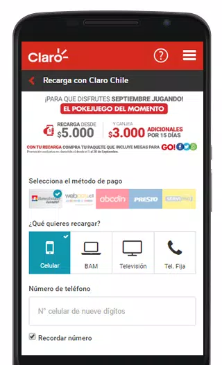 Phonecard: Recarga Claro (Mobile Chile, Chile(Claro - Mobile Refill)  Col:CL-CLA-REF-0004