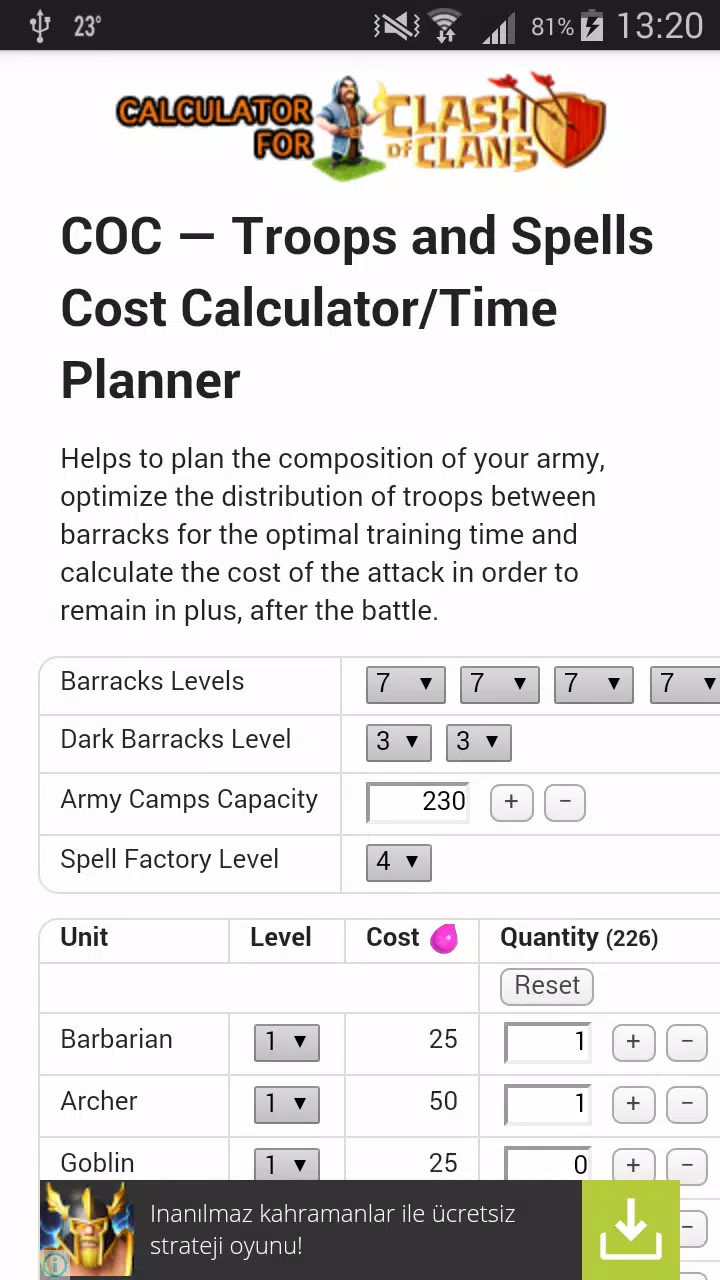 Clash Of Clans Troop Calculator