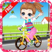 The little girl learn bicycle icon