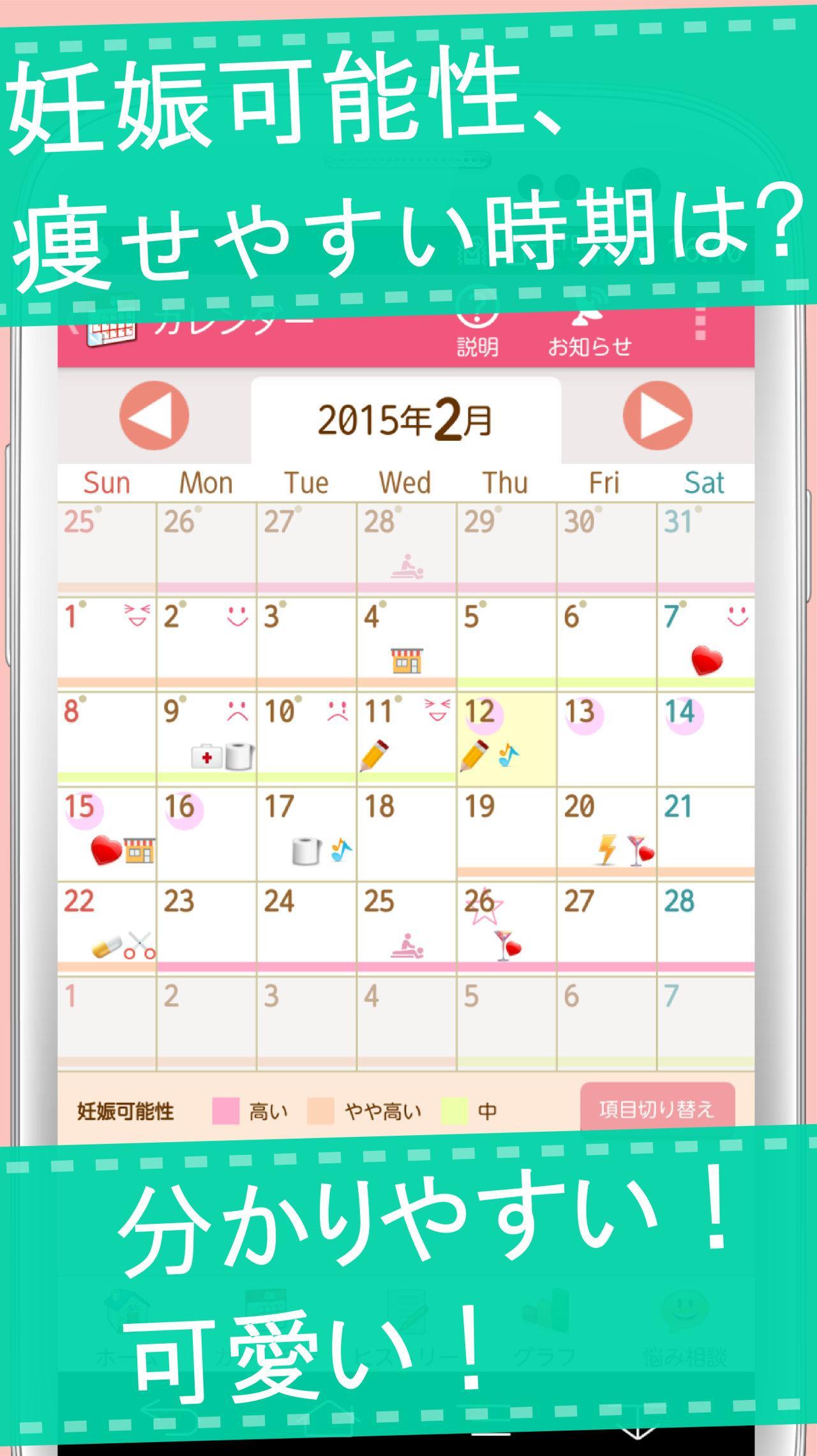 Android 用の 生理日予測 排卵日予測の可愛いカレンダー るんるん手帳 無料 Apk をダウンロード