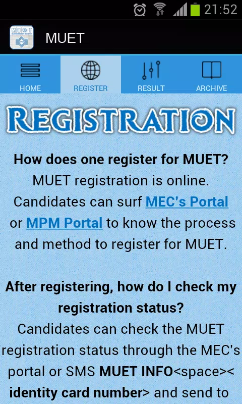 Muet registration