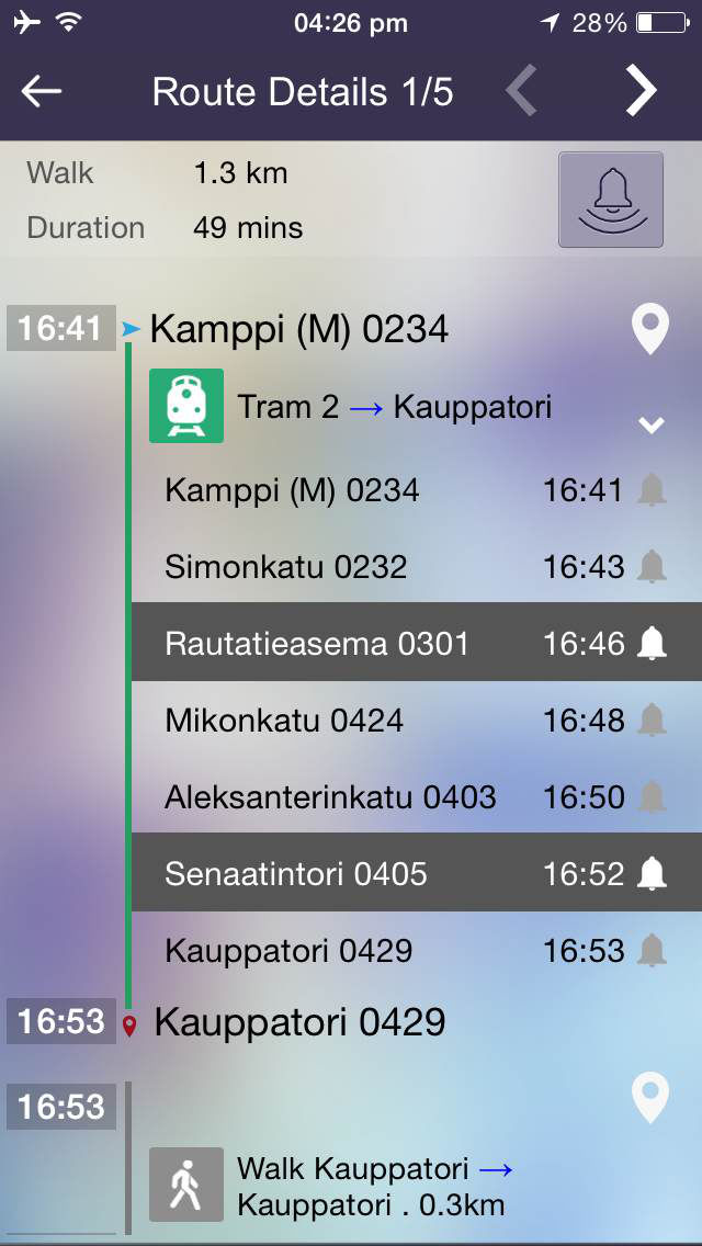 OnTimelyHelsinki, reittiopas, aikataulu ja pysäkit, HSL, kartta reitti