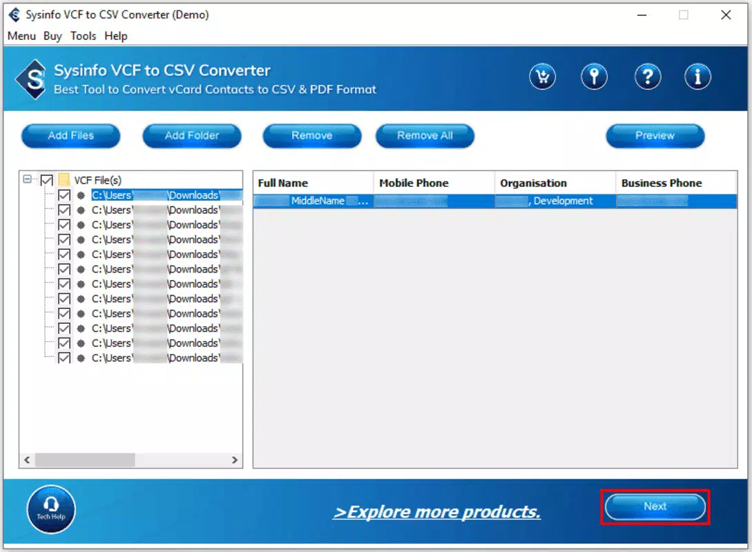 Sysinfo VCF to CSV Converter