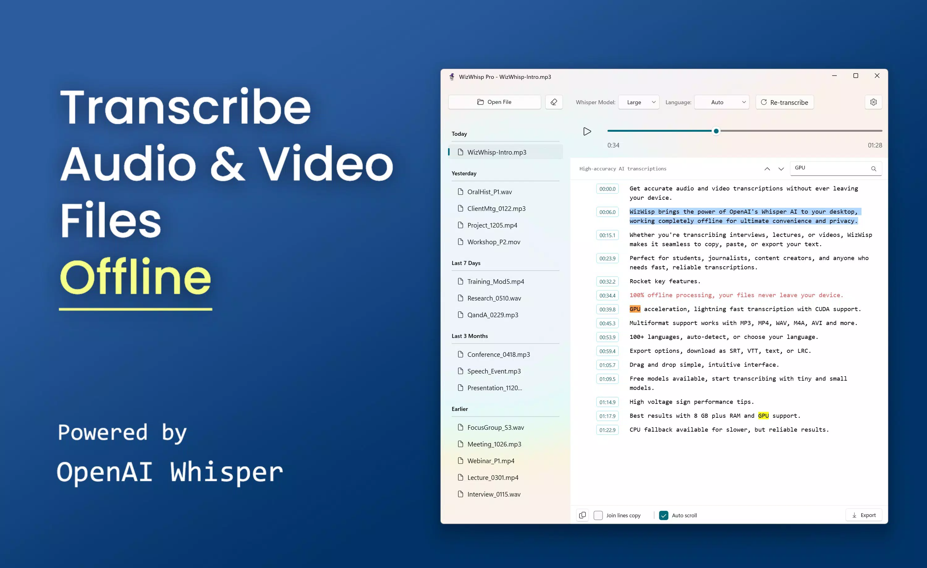 WizWhisp - Transcribe Speech Offline