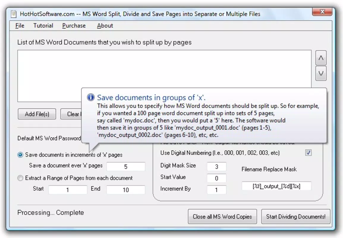 MS Word Split, Divide and Save Pages into Separate or Multiple Files Software