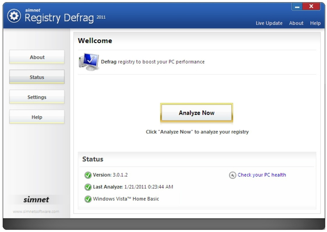 Simnet Registry Defrag for PC Windows 2011 Download