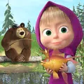 Kinder, die Mascha und den Bären fischen